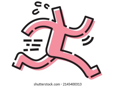 Una figura de palo corre mientras suda. Corriendo con prisa.