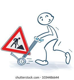 Stick figure with sack truck and construction sign