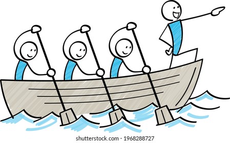Stick-Figur segeln in Gruppe mit Ruderboot
