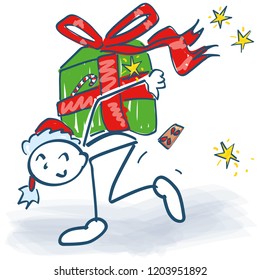 Stick figure as a Santa Claus with a gift package