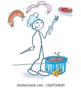 Stick figure with saucepan and meaty food in the restaurant