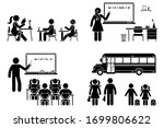 Stick figure school boy, girl sitting in class, lesson, writing, reading, learning vector icon pictogram. Female, male teacher teaching, standing at blackboard set