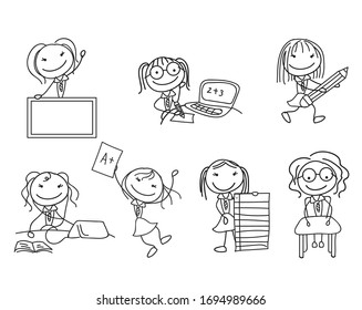 Stick figure school girl education learning study