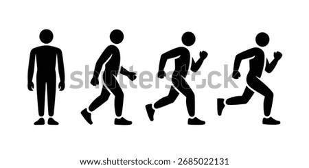 Stick figure sequence illustrates a person's progression from standing still to walking then jogging and finally sprinting representing stages of motion physical activity and the development of speed