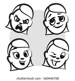 Stick figure series emotions - Four faces, Hand drawn Vector Artwork