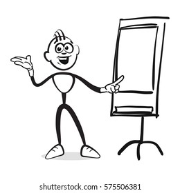 Stick figure series emotions - man at flipchart, hand-drawn vector clipart