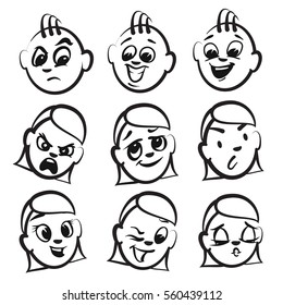 Stick figure series emotions - Nine faces, Hand drawn Vector Artwork