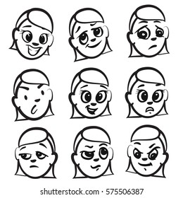 Stick figure series emotions - woman head set, hand-drawn vector clipart