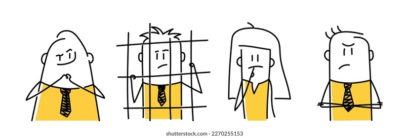 Stick figure. Set of different emotions of people, gloating, guilty, embarrassed, angry. Doodle style. Vector illustration.