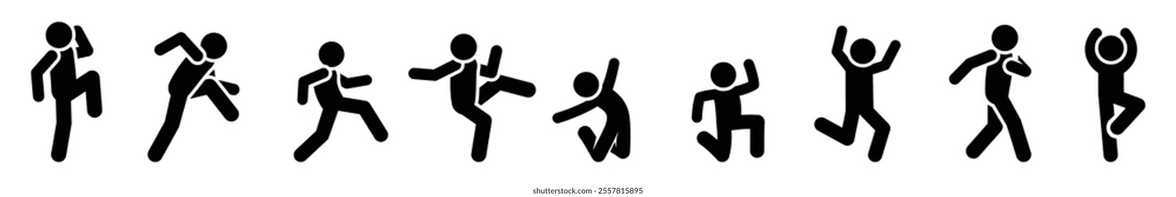 stick figure, set of icons people, basic movement, man poses, pictogram human silhouettes	
