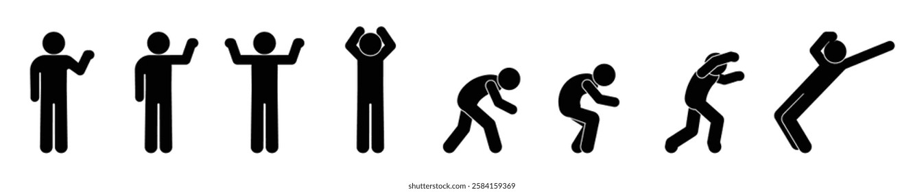 stick figure, set of icons people, basic movement, man poses, pictogram human silhouettes	
