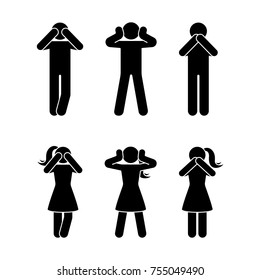 Stick figure set of three wise monkeys pictogram. See no evil, hear no evil, speak no evil concept icon