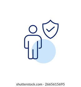 Fixe a figura, escudo e marca de verificação. Proteção verificada, confiança e segurança, conformidade certificada, segurança confirmada. Pixel perfeito, ícone de vetor de traçado editável