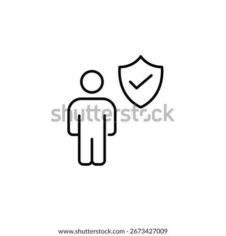 Stick figure, shield and checkmark. Verified protection, trust and security, certified compliance, safety confirmed. Pixel perfect, editable stroke vector icon
