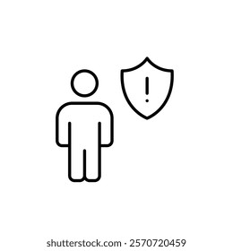 Stick figure, shield and exclamation mark. Personal safety warning, potential individual risks for online presence and health issues. Pixel perfect vector icon