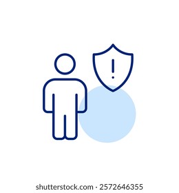 Stick figure, shield and exclamation mark. Personal safety warning, potential individual risks for online presence and health issues. Pixel perfect, editable stroke icon