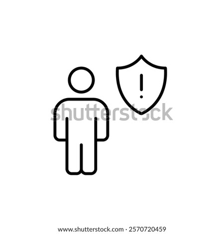 Stick figure, shield and exclamation mark. Personal safety warning, potential individual risks for online presence and health issues. Pixel perfect vector icon