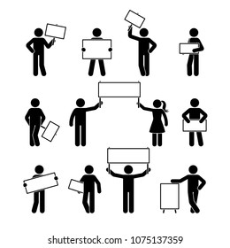 Stick figure showing empty banner set. Vector illustration of people holding blank on white