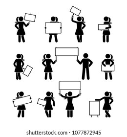 Stick figure showing empty banner set. Vector illustration of girls holding blank on white
