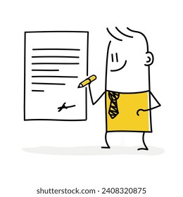 Stick figure. Signing contract. Official document, agreement, deal commitment. Cartoon style. Vector illustration.