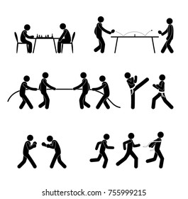 Stick figure, simple icons sports competitions. Set of isolated pictograms. Different sports.  Rivalry illustration.