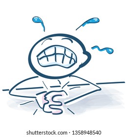 Stick figure sits desperately at the table and whines