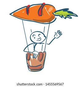 Stick figure sits in a hot air balloon in the shape of a orange carrot