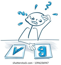 Stick figure sits at the table and can not decide to take A or B