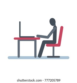 Stick figure sits at  table with a laptop. Flat vector illustration,eps 10.