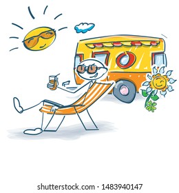 Stick figure sitting in a deck chair in front of a caravan on vacation in the sun 