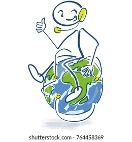 Stick figure sitting on a globe with a headset on