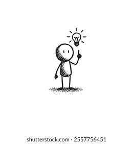 Stick Figure Sketch Representing Creativity With Lightbulb and Inspiration. Conceptual illustration of a stick figure with a glowing lightbulb, symbolizing innovation and ideas.