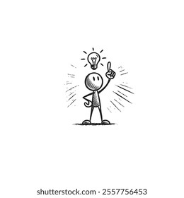 Stick Figure Sketch Representing Creativity With Lightbulb and Inspiration. Conceptual illustration of a stick figure with a glowing lightbulb, symbolizing innovation and ideas.