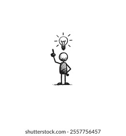 Stick Figure Sketch Representing Creativity With Lightbulb and Inspiration. Conceptual illustration of a stick figure with a glowing lightbulb, symbolizing innovation and ideas.