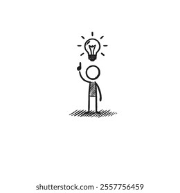 Stick Figure Sketch Representing Creativity With Lightbulb and Inspiration. Conceptual illustration of a stick figure with a glowing lightbulb, symbolizing innovation and ideas.