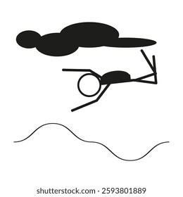 .Stick figure skydiver falling through cloud with wavy line. EPS 10.
