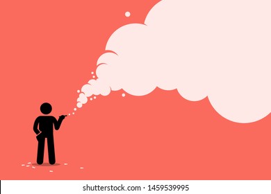 Stick figure smoker smoking cigarette with a lot of smoke. Vector artwork concept depicts unhealthy lifestyle, ignorant smoker, tobacco, nicotine, cancer, and addiction. 