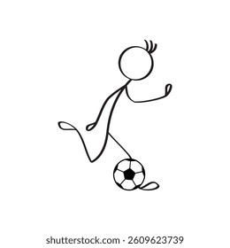 Stick figure of a soccer player carrying and driblling a ball getting ready to kick the ball.