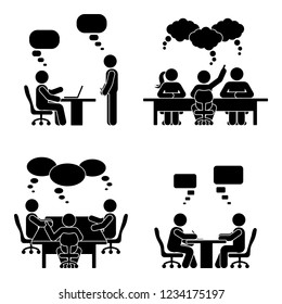 Stick figure speech bubble meeting set. Group of people talking in conference room