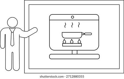 A stick figure stands next to a screen displaying a cooking scene with a pan on a stove