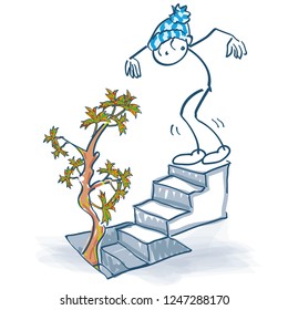 Stick figure stands on the basement stairs and sees an autumn tree grow out of the cellar