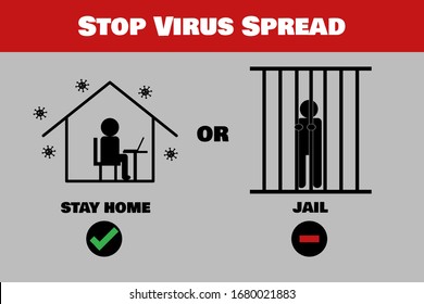 Stick Figure Stay Home or Go to Jail. Stop Coronavirus (Covid-19) Spread Concept. Flat Vector Illustration.