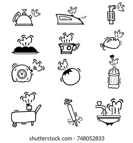 Stick figure with steam teapot, iron, pipes, plates, mugs, ball, wheels, ball, bottle, compressor, jackhammer, shell