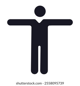 Stick figure stickman icon. Minimalist human figure icon, black silhouette, white background, simple geometric shapes, universal symbol, stick figure design.