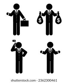 stick figure and stickman vector silhouette illustration, Businessman, Success, Wealth, Entrepreneurship