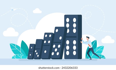 Strichmännchen stoppen den Dominoeffekt mit fallenden weißen Dominosteinen. Geschäftsmann stoppt fallen Domino Konzept. Symbol für Krise, Risiko, Management, Führung und Entschlossenheit. Vektorgrafik.