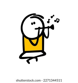 Stick figure street musician in India plays a pipe and conjures snakes. Vector illustration of  artist and  magician.