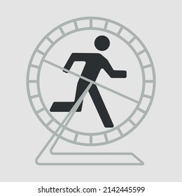 Stick figure stuck in squirrel wheel, escape sign man running, flat minimalist vector illustration