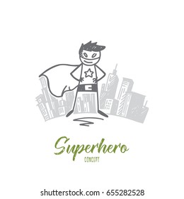 Stick figure  Superhero concept sketch. Super man standing in special costume, big city at background