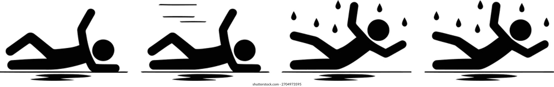 Stick Figure Swimmer Progressing Through Stages Swimming, Speed, Rain, and Resting on Water.